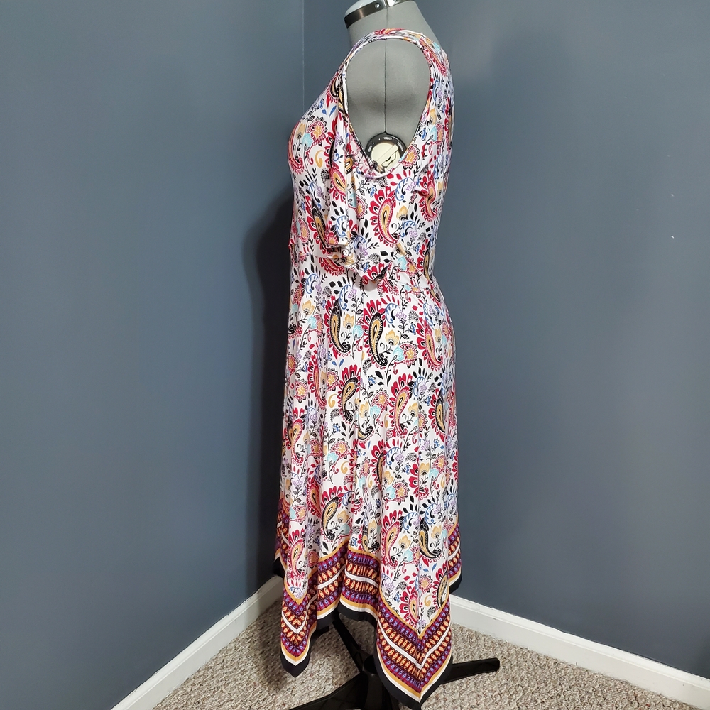 Beige by eci Asymmetrical Paisley Dress - Multicolor Cold Shoulder Size Large - Picture 2 of 6